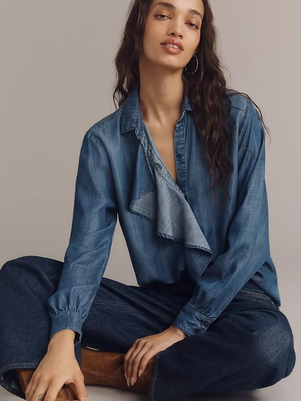 Cloth & Stone for Anthropologie Ruffled Denim Buttondown Shirt